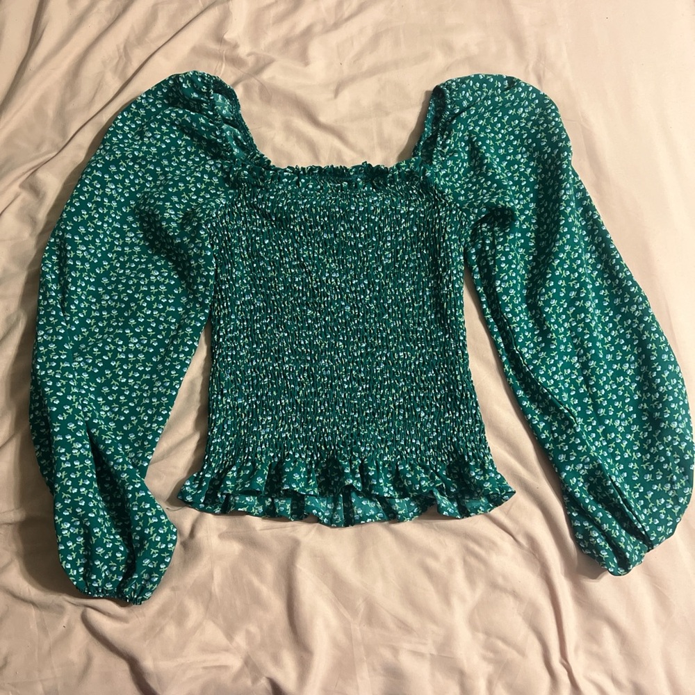 Teal Floral Smocked Blouse